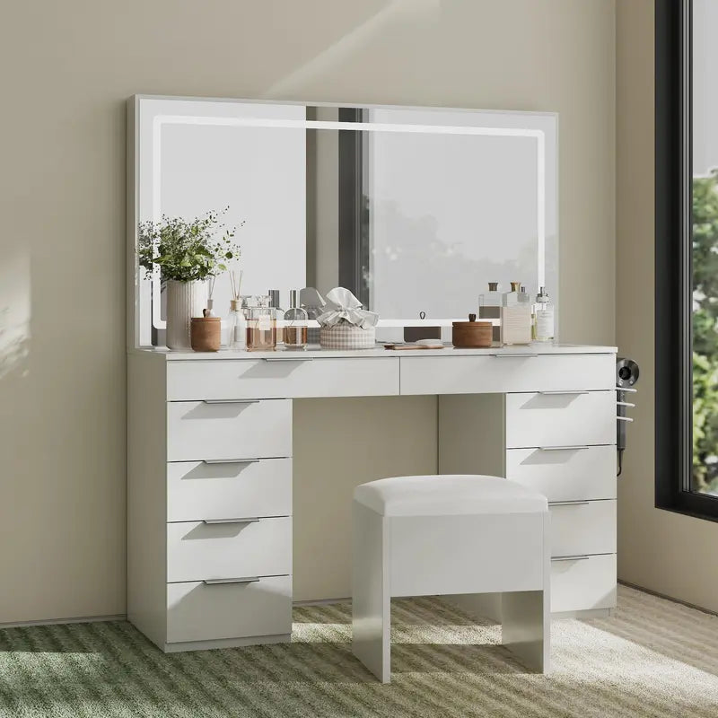 Vanity Desk Set with Large Lighted Mirror and Power Outlet